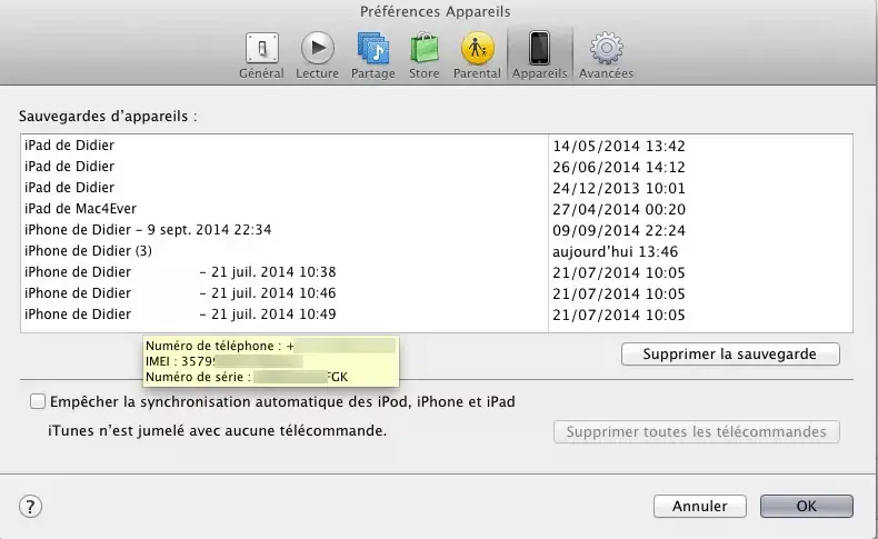 Astuce : supprimer la bonne sauvegarde d'iPhone sur iTunes (pour gagner de l'espace disque)