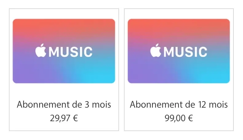 Apple permet de commander en ligne des cartes cadeaux Apple Music à 99€ pour un an