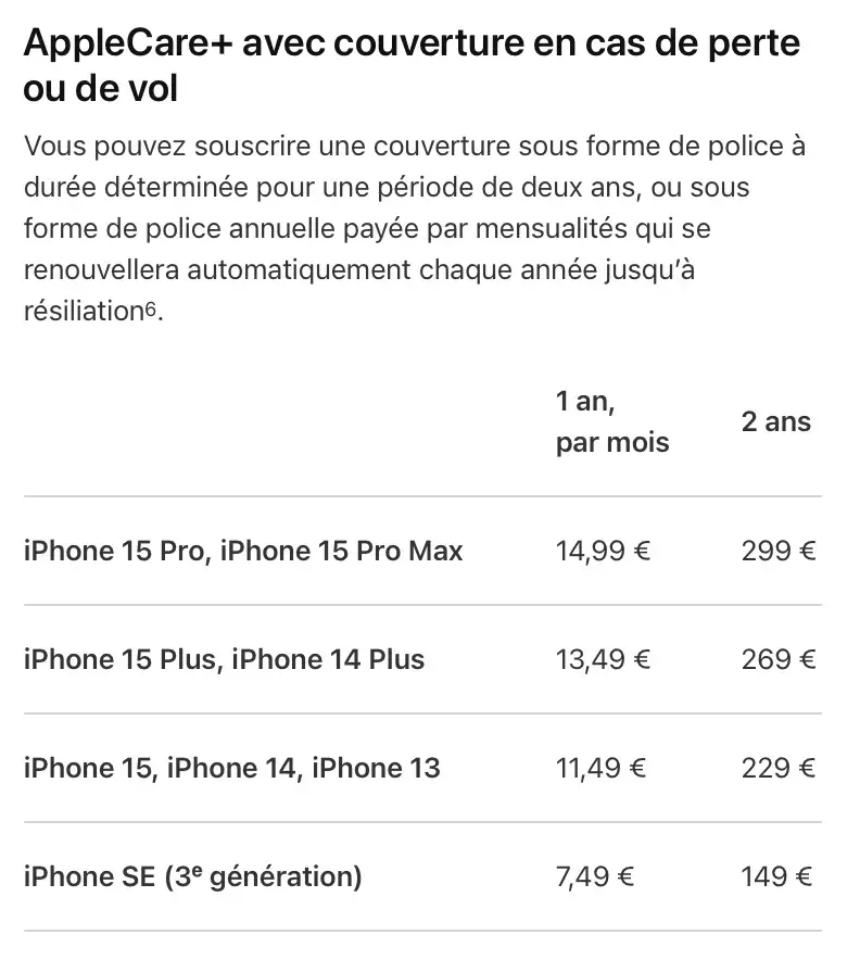 Pas de changement de prix pour protéger son iPhone 15 avec AppleCare