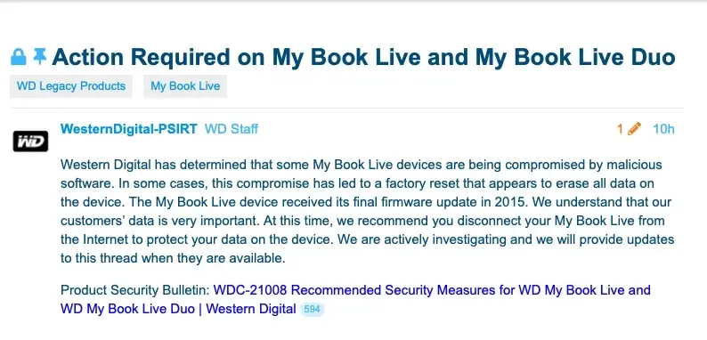 Un malware efface les données des disques durs Western Digital My Book Live