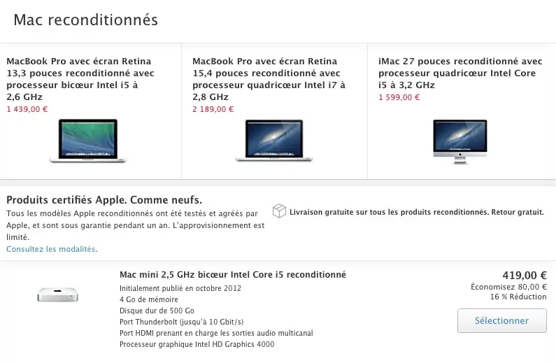 Refurb : Mac mini dès 419€, MacBook Air 11" à 719€, 13" à 799€, Retina 13" dès 1019€ et 15" dès 1529€