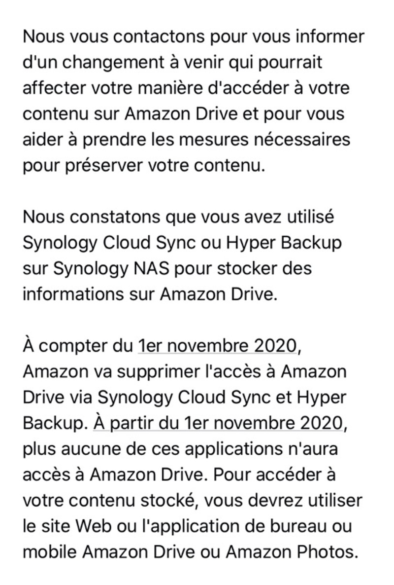 Illustration : Amazon Drive coupera l'accès via Synology Cloud Sync et Hyper Backup dès novembre