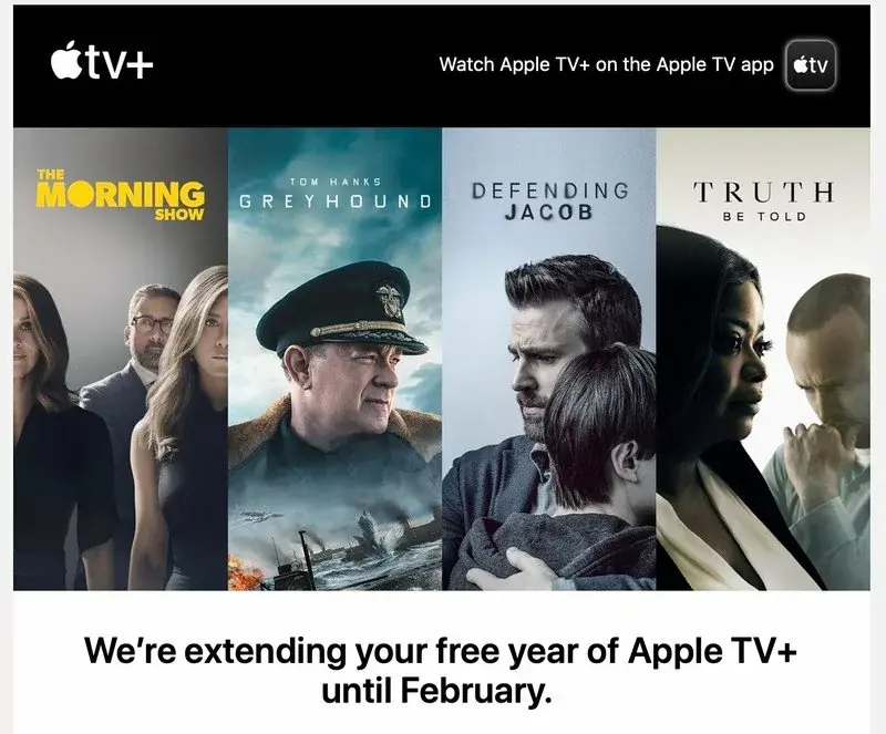 TV+ : Apple prévient par mail de la prolongation de la gratuité jusqu'en février 2021