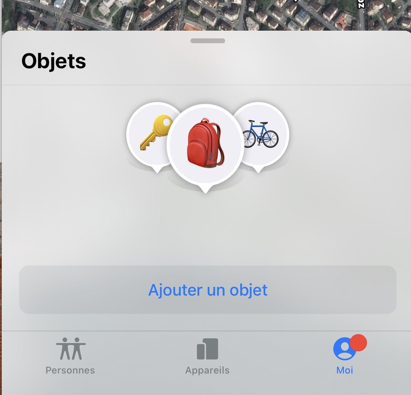 Illustration : Un onglet "Objets" caché dans la fonction "Localiser" d'iOS 14.3 (AirTags ?)