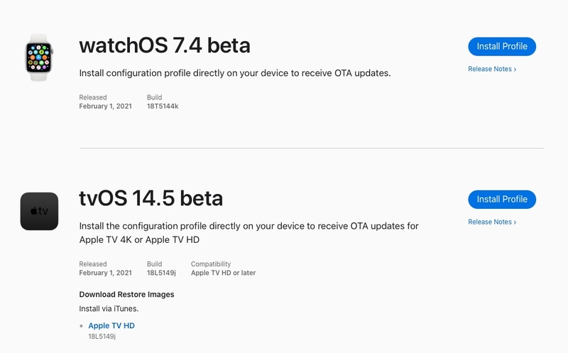 Illustration : Apple publie les premières bêtas d'iOS/iPadOS 14.5, watchOS 7.4 et tvOS 14.5