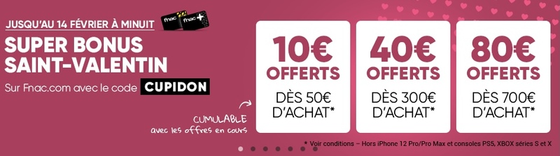 Illustration : Super Bonus Fnac : un offre adhérent pour la St Valentin (jusqu'à 80€ offerts)