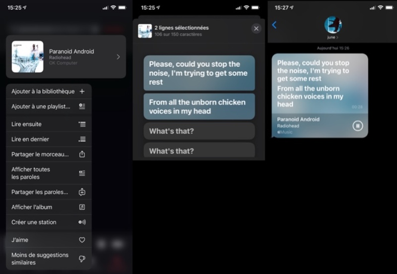 Illustration : iOS 14.5 permet de partager des paroles depuis Apple Music