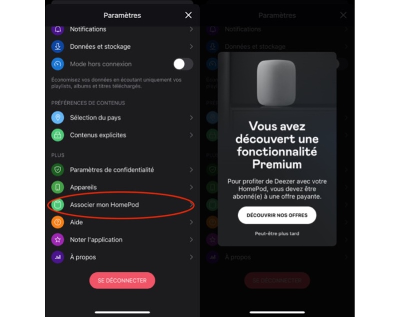 Illustration : Deezer est disponible pour les abonnés comme service par défaut sur les HomePod/mini