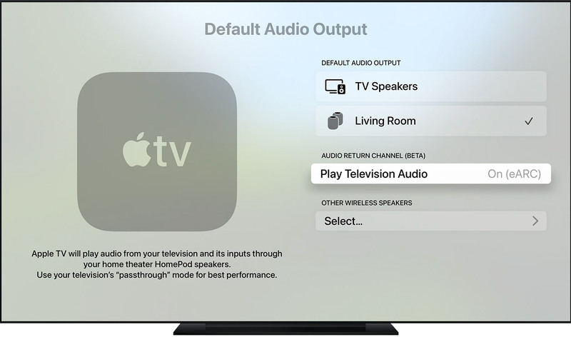 Illustration : L'Apple TV 4K Gen2 peut diffuser le son sur un HomePod via la fonction ARC/eARC