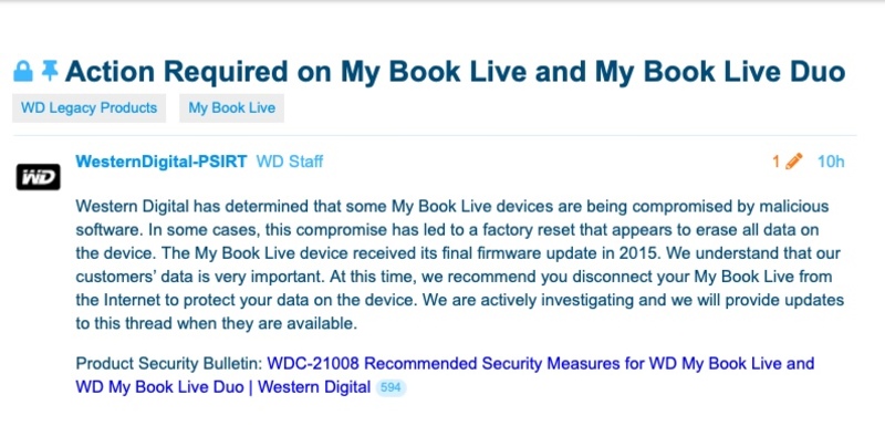 Illustration : Un malware efface les données des disques durs Western Digital My Book Live
