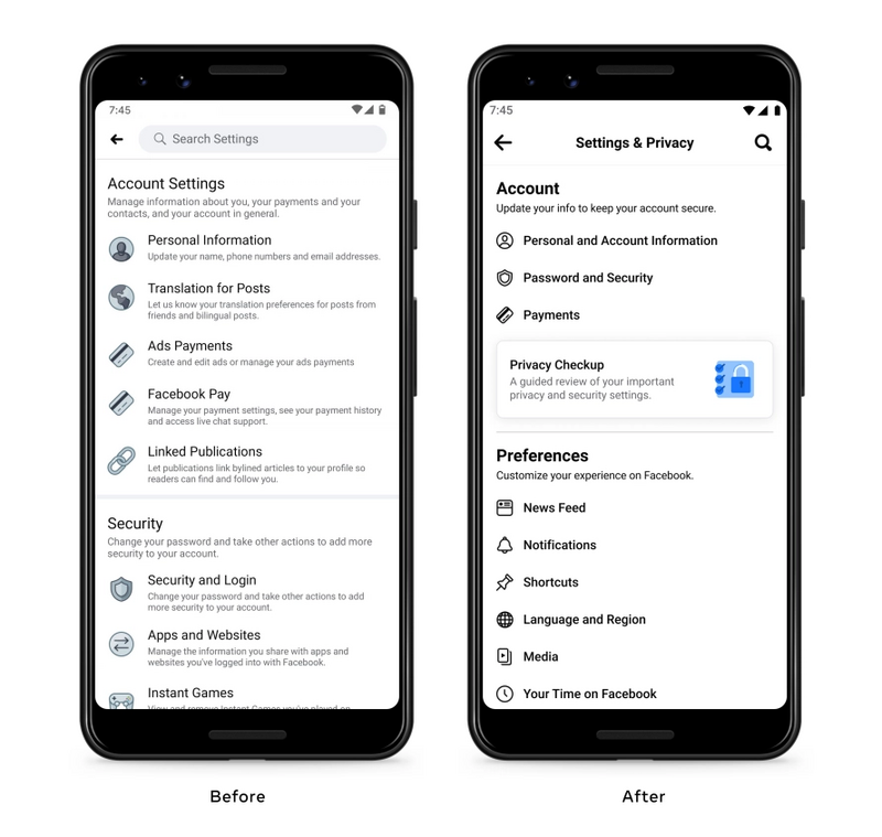 Illustration : Facebook dévoile une mise à jour sur la recherche et la confidentialité (nouveau menu)
