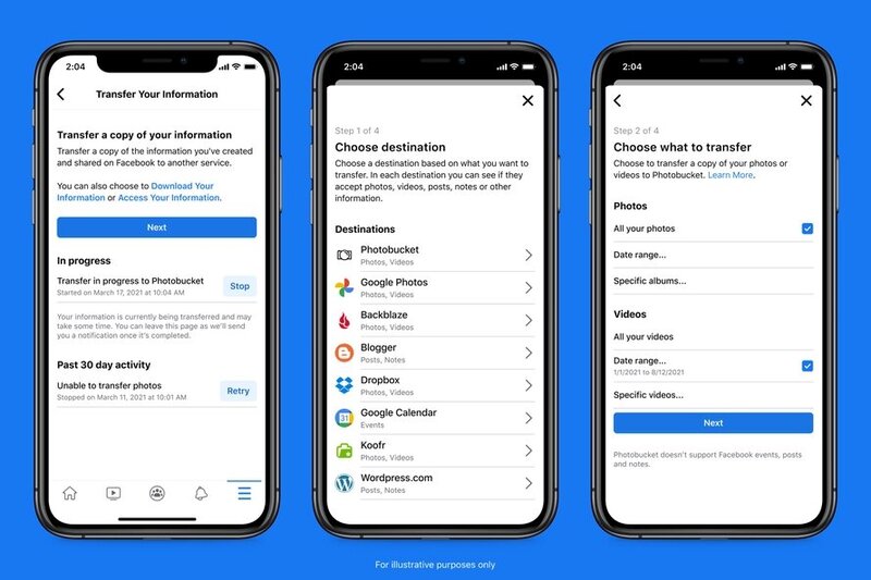 Illustration : Facebook met à jour son outil "Transférez vos informations"