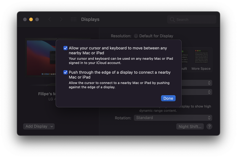 Illustration : Monterey bêta 5 : une manipulation permet d'essayer Universal Control entre deux Mac