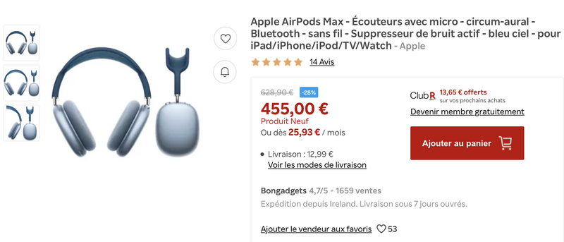 Illustration : Promos : AirPods Max dès 455€, AirPods Pro à 189,99€, AirPods dès 109,99€