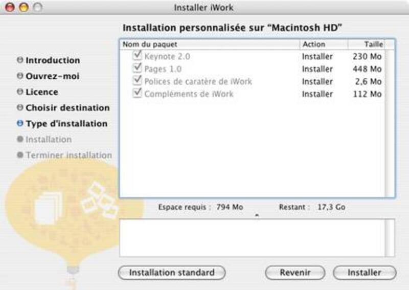Illustration : L'installation d'iWork 1.0