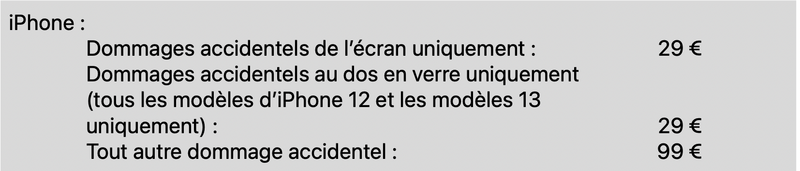 Illustration : Apple Care+ pour l'iPhone 13 de 169 à 229 euros, 79 euros pour l'iPad 9 / mini 6