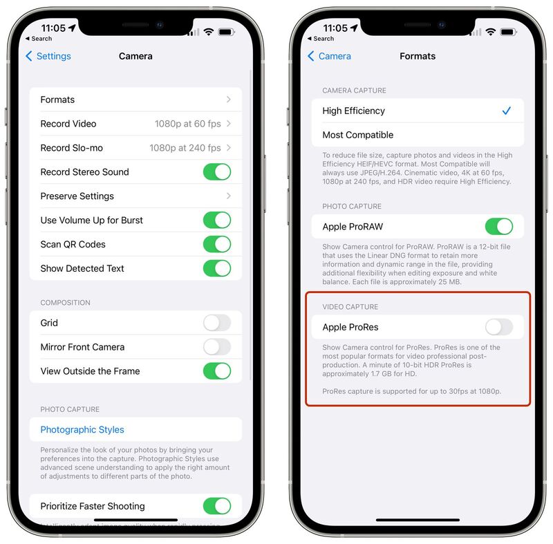 Illustration : Le mode "macro" désactivable et le ProRes dans la beta 3 d'iOS 15.1 !