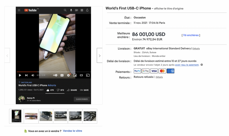Illustration : L'iPhone X modifié (USB-C ) est parti pour presque 75 000 euros sur eBay