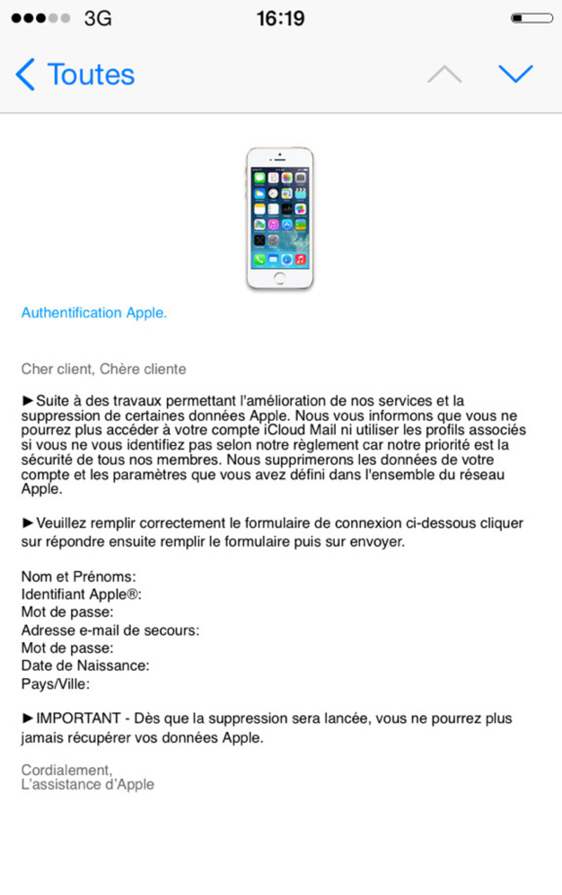 Illustration : Attention aux faux e-mail d'Apple vous invitant à vous identifier intégralement