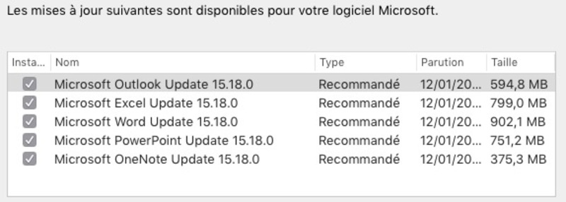Illustration : Mise à jour d'Office 2016 (Mac) en version 15.18