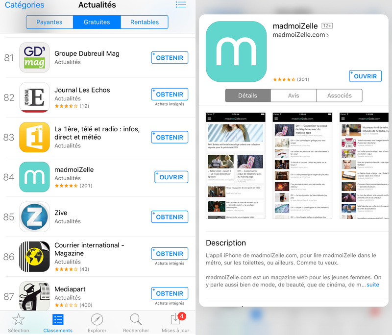 Illustration : "Peek" permet de prévisualiser une app dans les longues listes de l'App Store