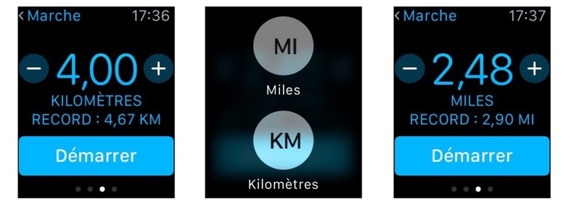 Illustration : Astuce : changer les unités de distance dans l'app Exercice de l'Apple Watch