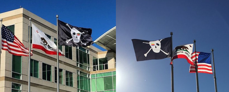 Illustration : Pour les 40 ans d'Apple, le drapeau pirate flotte devant le 1, Infinite Loop