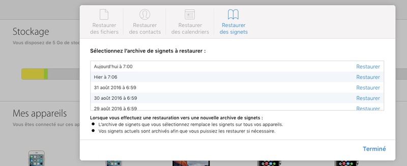 Illustration : Astuce : restaurez vos contacts, données, calendriers, et signets depuis iCloud.com