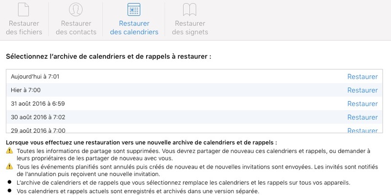 Illustration : Astuce : restaurez vos contacts, données, calendriers, et signets depuis iCloud.com