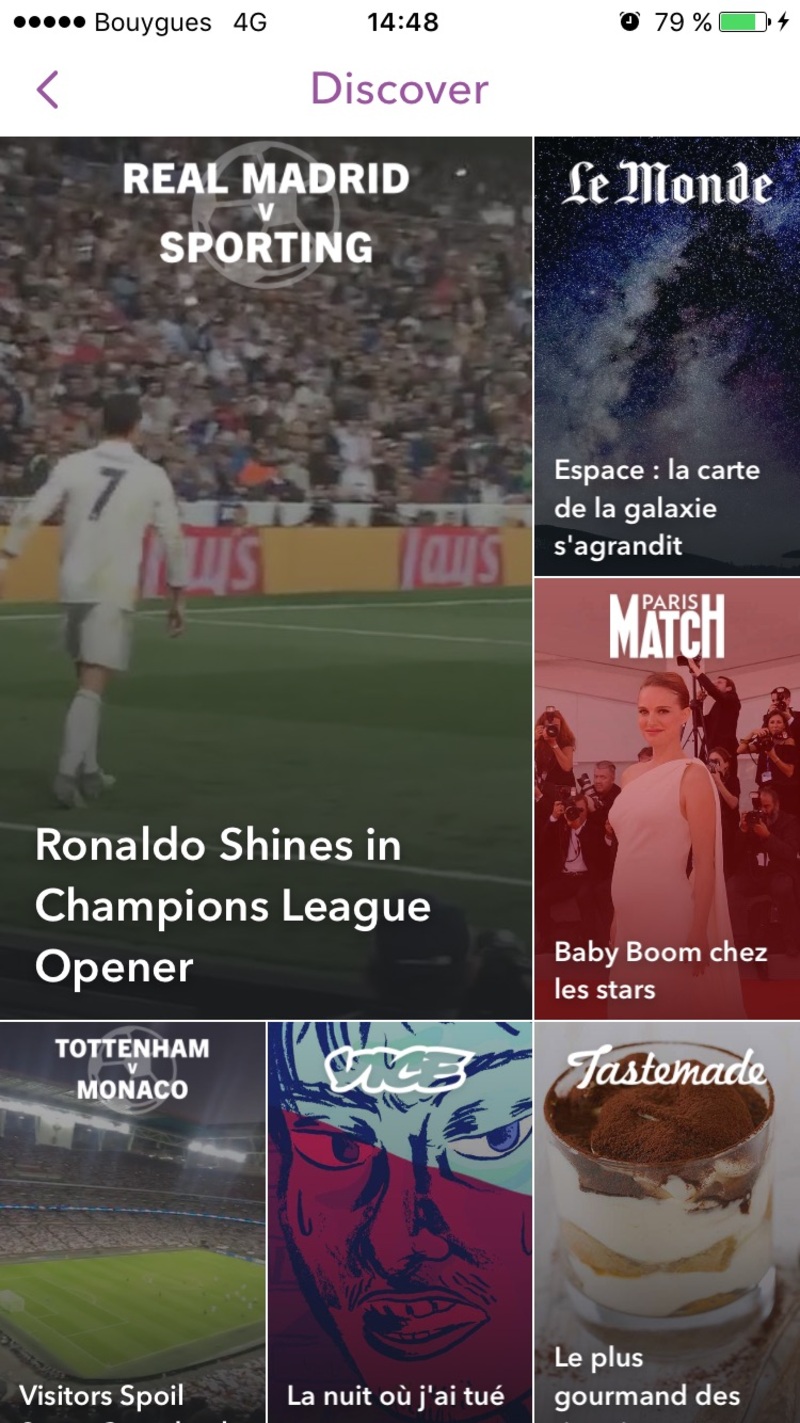 Illustration : Snapchat propose de l'information en français sur iPhone
