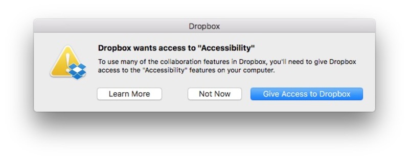 Illustration : Sierra demande la permission systématique d'accéder aux données utilisateurs (Dropbox)