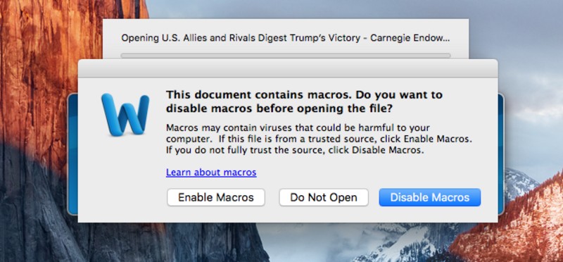 Illustration : Méfiez-vous des fichiers Word/Excel (avec des Macros et Trump), même sur Mac