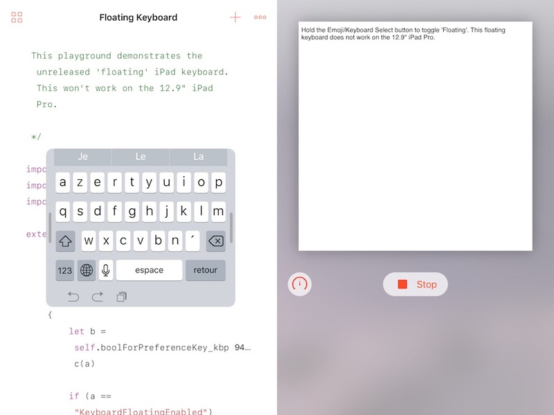 Illustration : Le mini-clavier flottant de l'iPad se teste dans Swift Playgrounds