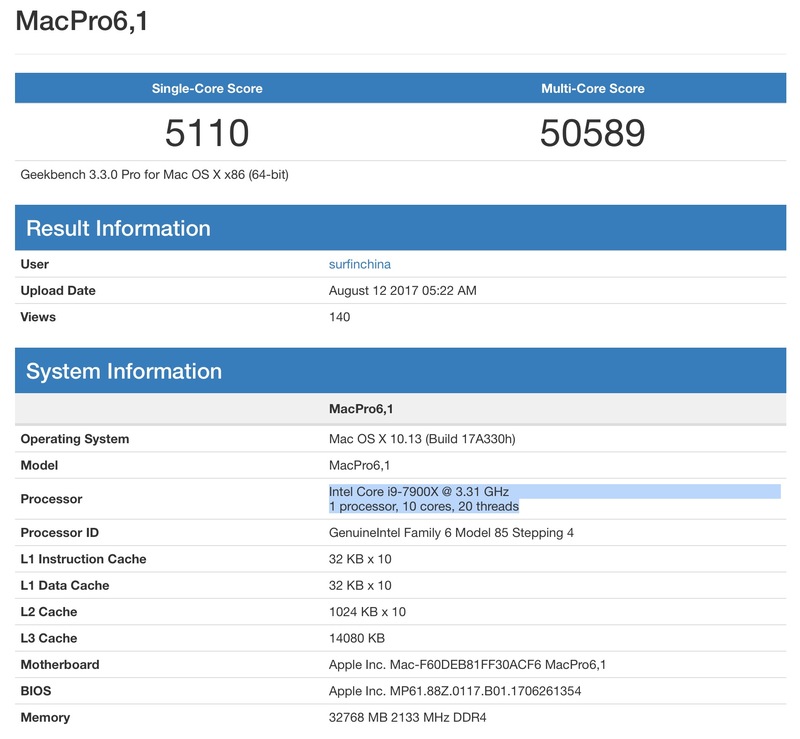 Illustration : Un mystérieux bench d'un Mac embarquant un processeur Intel Core i9 7900X