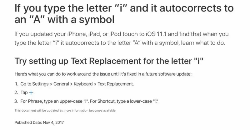 Une solution temporaire d'Apple pour le bug qui transforme les "i" en "A" dans iOS 11.1