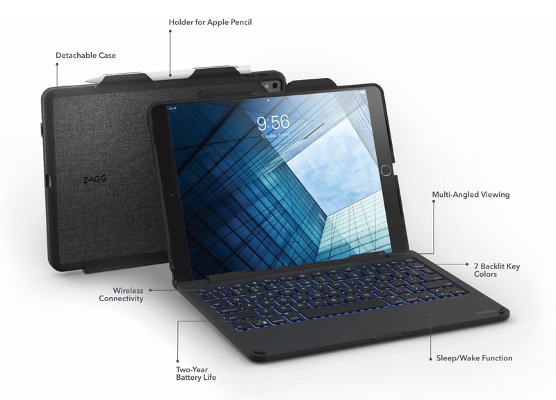 Illustration : Des touches éclairées et un support pour le Pencil sur le Slim Book (Zagg) pour iPad Pro 10,5''