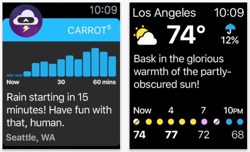 Illustration : CARROT Weather refond son application pour Apple Watch et gagne des options premium