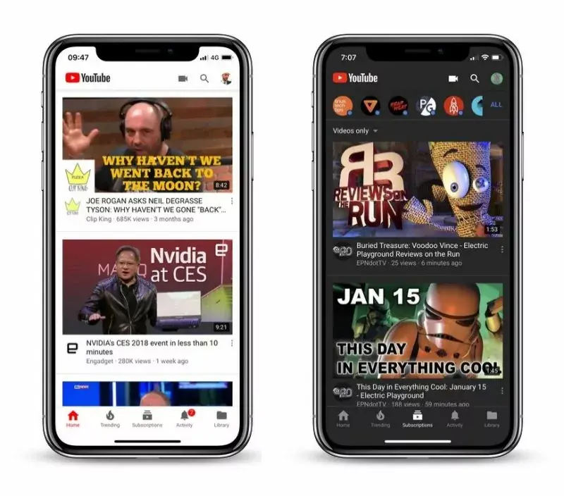 Une interface sombre en test dans les applications mobiles de YouTube