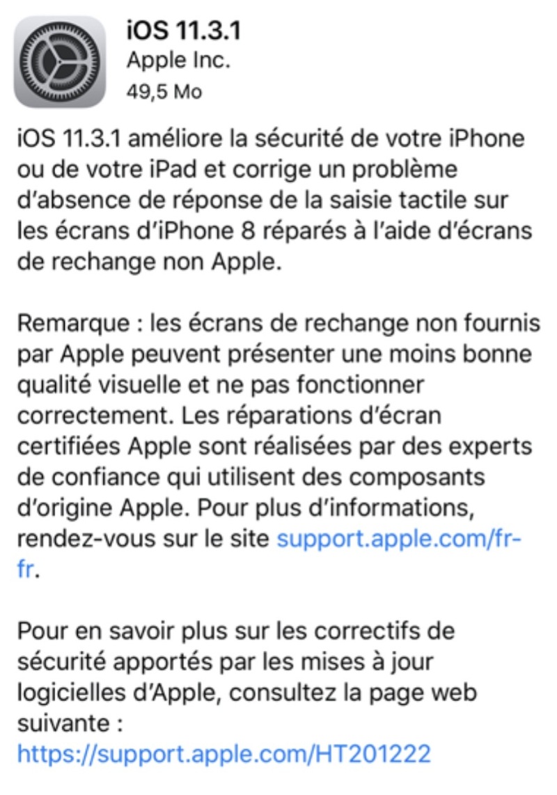 Illustration : iOS 11.3.1 est disponible et corrige le bug des écrans qui ne répondent plus (après le SAV)