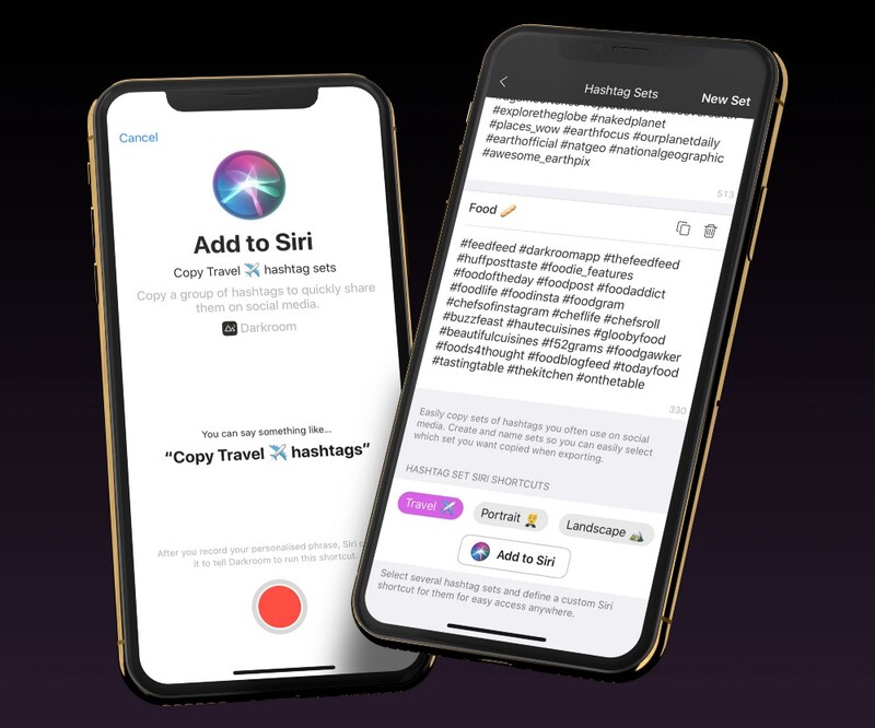 Illustration : Darkroom s'équipe de raccourcis Siri et de la gestion de hashtags en lot