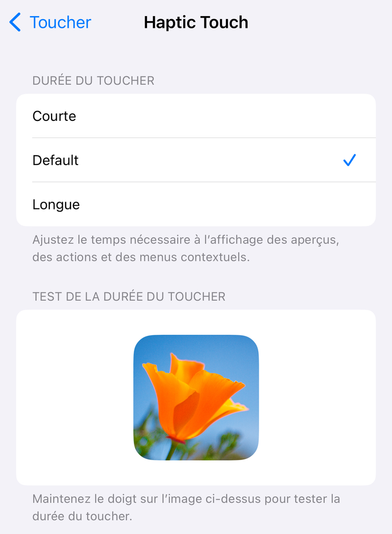 Le réglage de l'Haptic Touch sur iOS 17