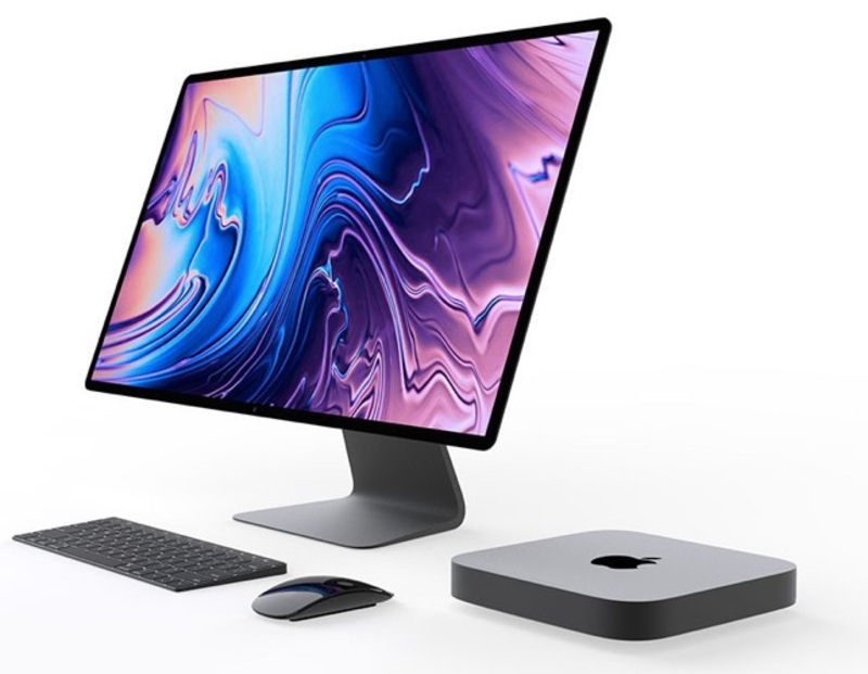 Illustration : Une vision d'artiste d'un Mac mini en gris sidéral, avec Magic Keyboard Touch Bar et écran Apple