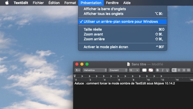 Illustration : Astuce : comment forcer le mode sombre de TextEdit sous Mojave 10.14.2