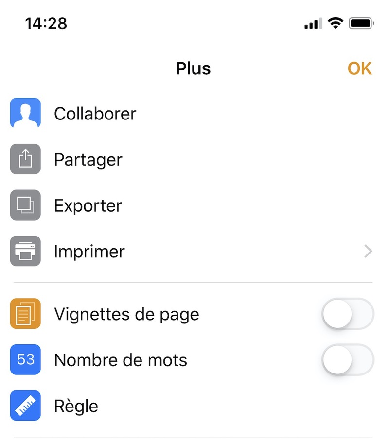Illustration : Astuce : comment afficher le décompte des mots dans Pages sur iOS