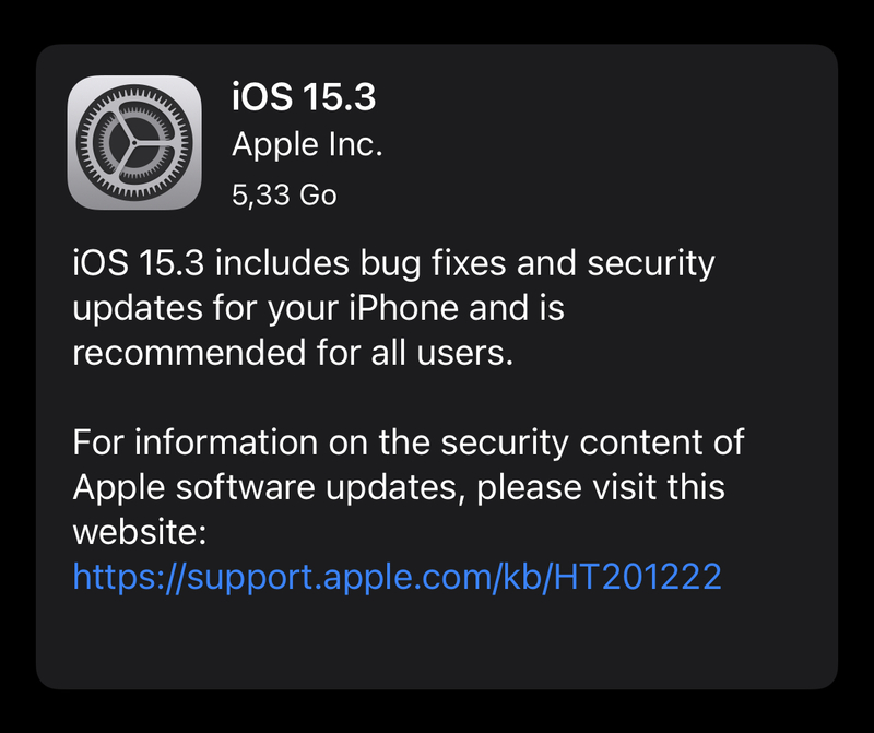 Apple propose les Release Candidate d'iOS/iPadOS/tvOS 15.3, watchOS 8.4 et macOS 12.2
