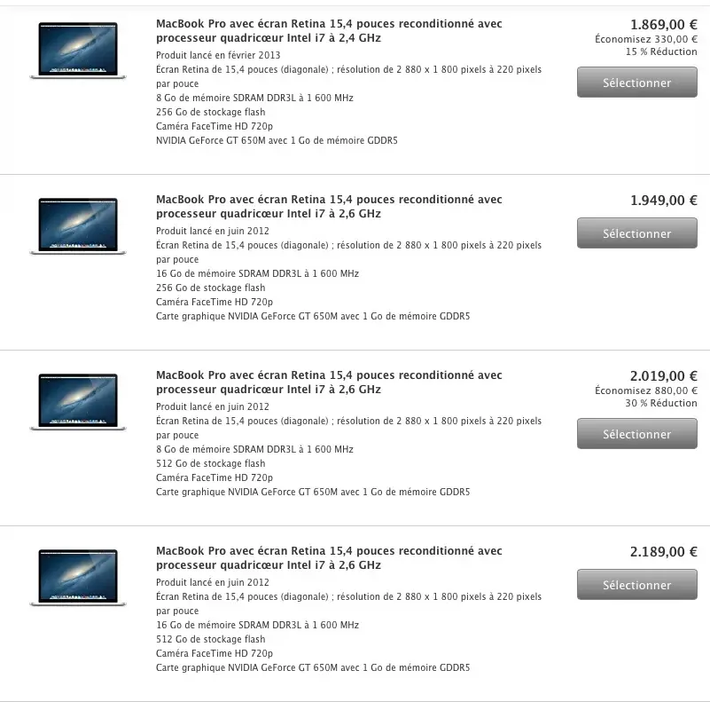 Refurb : le plein de MacBook Pro Retina (mais aussi MacBook Air, iMac...)