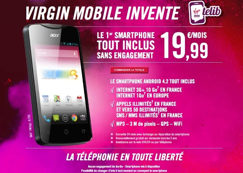 Virgin Mobile Telib : 19,99 €/mois, tout illimité, smartphone inclus