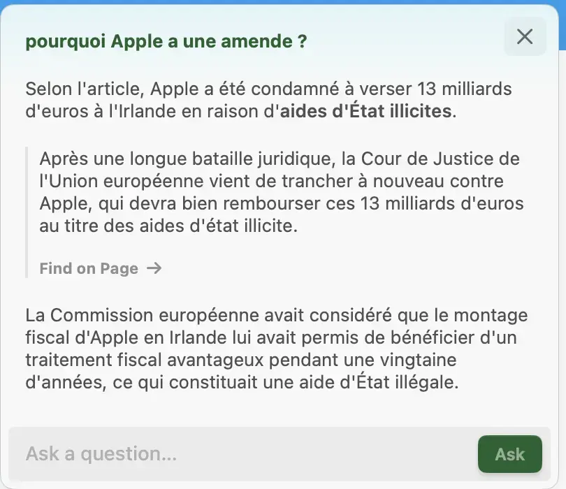 Sur l'article concernant l'amende record d'Apple, je demande à Arc de répondre à ma question : pourquoi Apple a une amende ?.