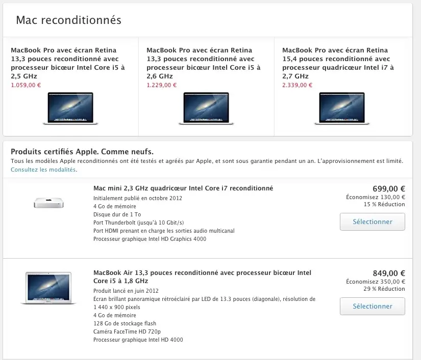 De nombreux MacBook Pro, MacBook Air et iMac 27" sur le Refurb