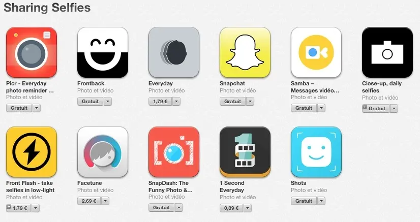 L'App Store iOS trie les applications permettant de réaliser des Selfies